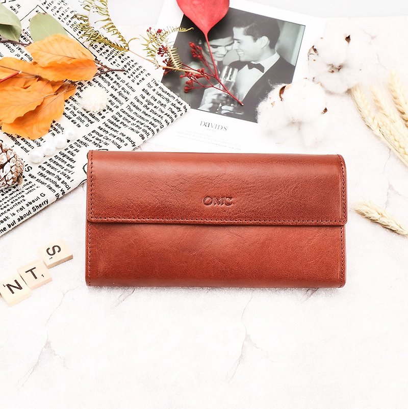 8 calories vegetable tanned leather zipper bag cowhide long clip (coffee) - กระเป๋าสตางค์ - หนังแท้ 
