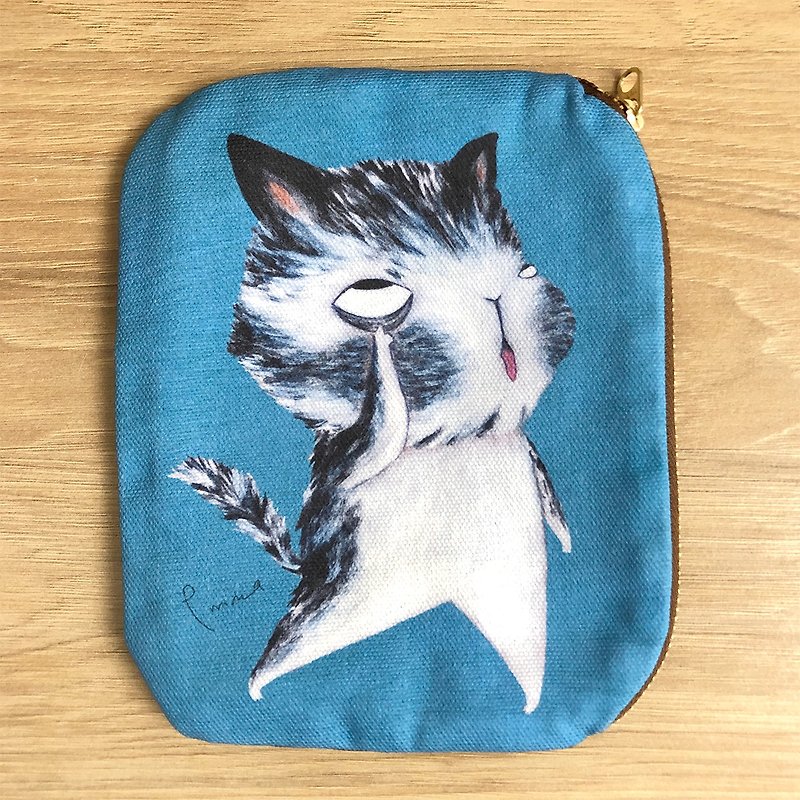 emmaApartyイラストパケット：しかめっ面猫 - ポーチ - コットン・麻 ブルー