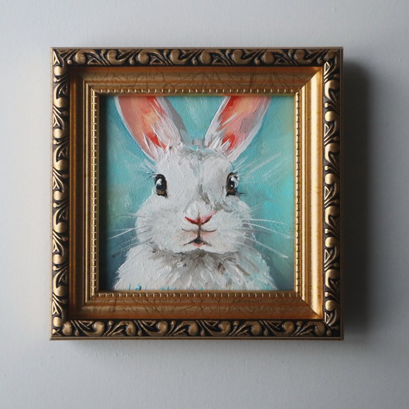 Funny Bunny Original Oil Painting Framed, Animal Rabbit Artwork - ตกแต่งผนัง - วัสดุอื่นๆ 