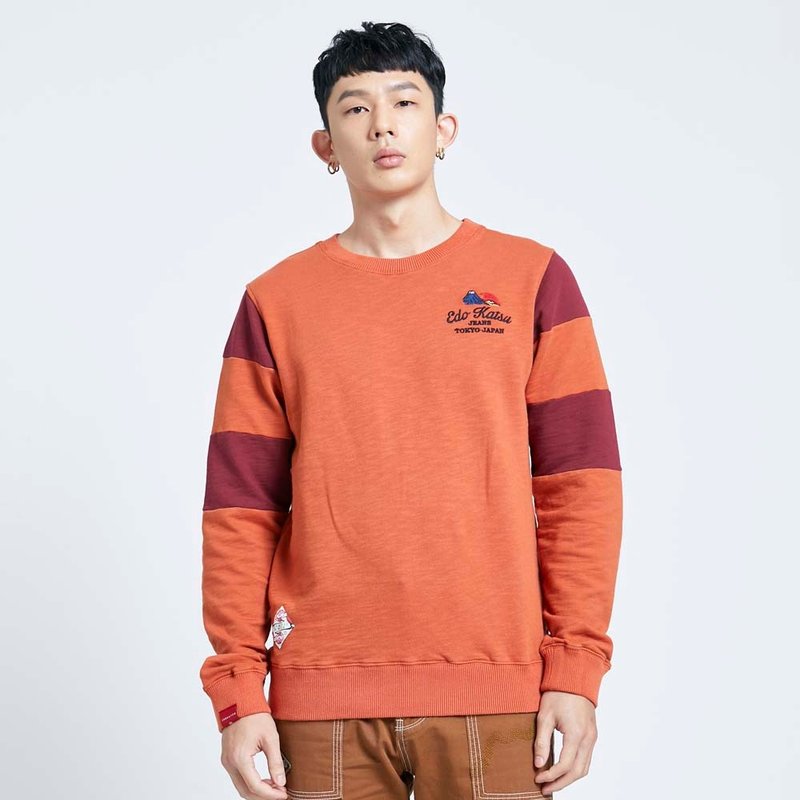 EDOKATSU Japanese Men's Long-Sleeve T-Shirt with Color-Blocked Sleeves (Dark Orange) #Tops #LongSleeve - เสื้อยืดผู้ชาย - ผ้าฝ้าย/ผ้าลินิน สีส้ม