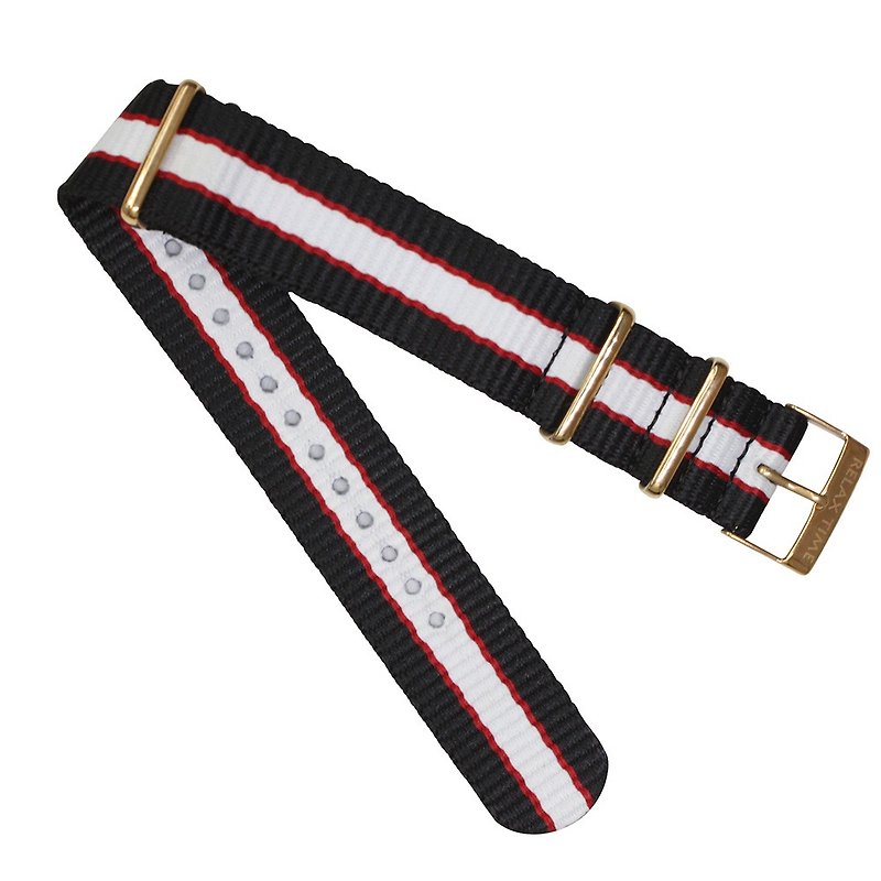 RELAX TIME Canvas Strap Black Red White x Rose Gold Buckle/22mm - Watchbands - Other Man-Made Fibers Multicolor