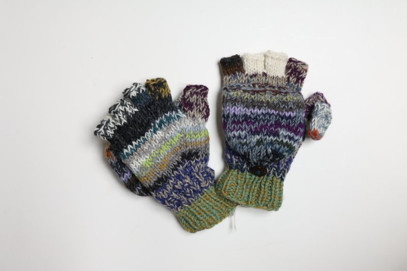 灰綠色塊雜線翻蓋手套深彩配色純羊毛線手工編織搖粒絨全內襯保暖 - 手套 - 羊毛 卡其色