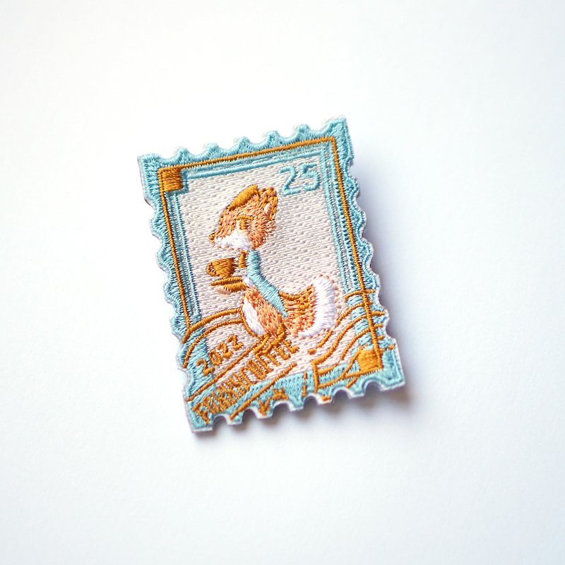 Fox Coffee/Stamp Embroidery Pin - เข็มกลัด/พิน - งานปัก สีน้ำเงิน