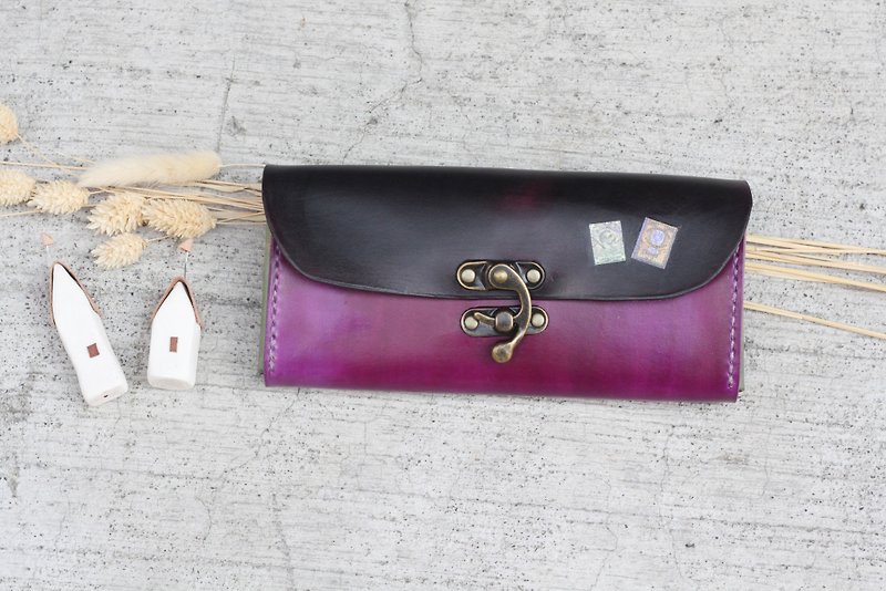 Accordion vegetable tanned leather long wallet - Lisbon story -Lavender color - กระเป๋าสตางค์ - หนังแท้ สีม่วง