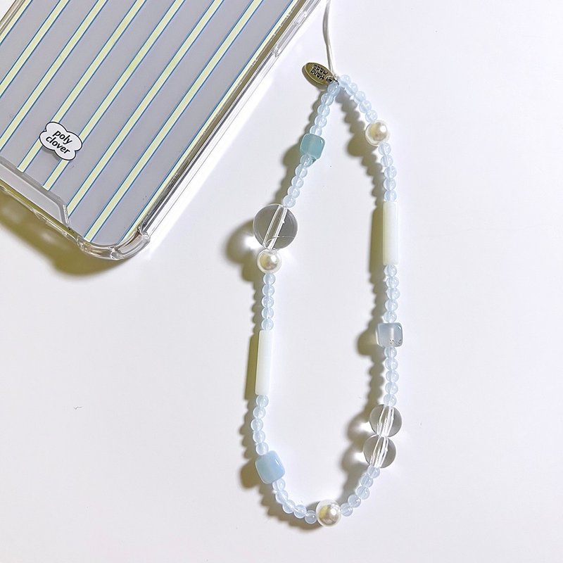 sky blue sea gemstone bead phone strap - เชือก/สายคล้อง - วัสดุอื่นๆ สีใส