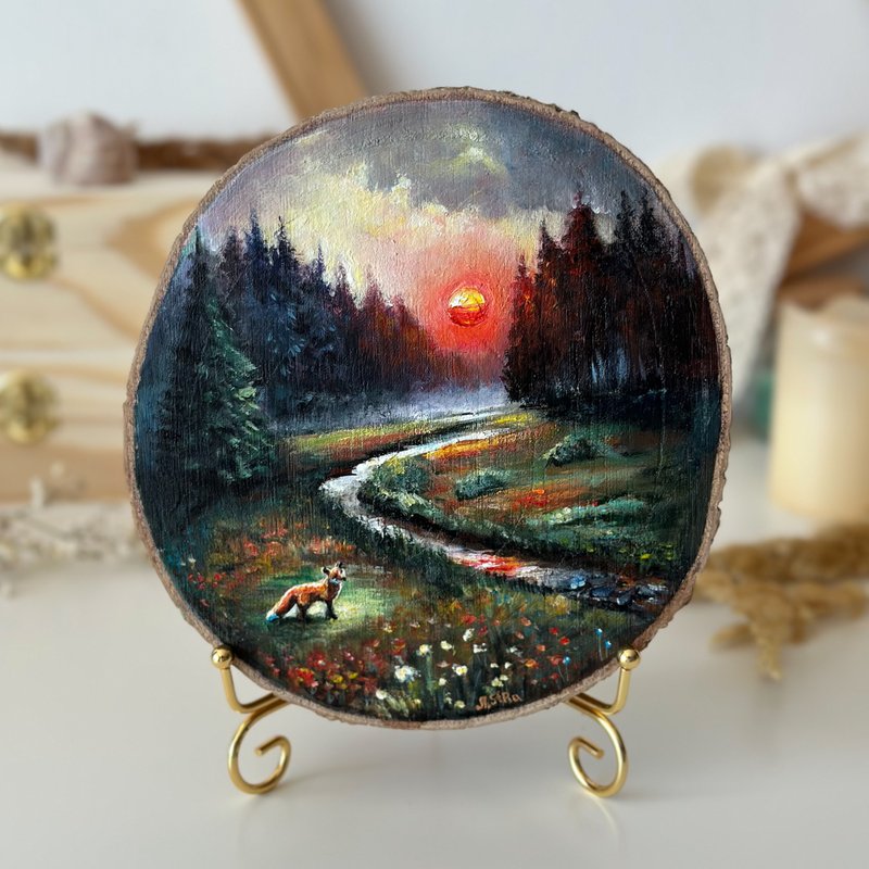 River landscape painting on wood, Wood slice art, Sunset in forest, Wooden decor - 壁貼/牆壁裝飾 - 木頭 咖啡色