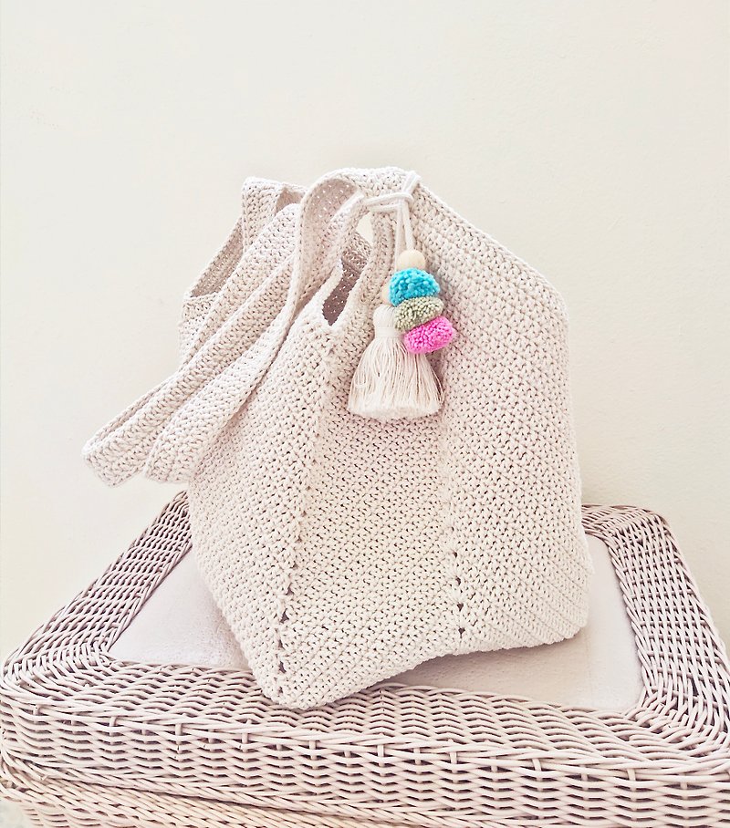 ハンドバッグ、ニット、かぎ針編み、カレーバッグの形、ショルダーバッグ - トート・ハンドバッグ - コットン・麻 多色