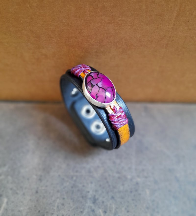 Natural Purple Dragon Veins Leather Bracelet, Silver 925 - 手鍊/手環 - 真皮 紫色