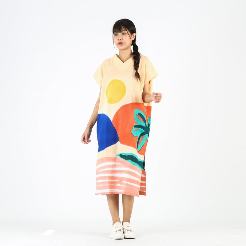 Dress V Nack Linen Hand Paint Free Size - 洋裝/連身裙 - 棉．麻 多色
