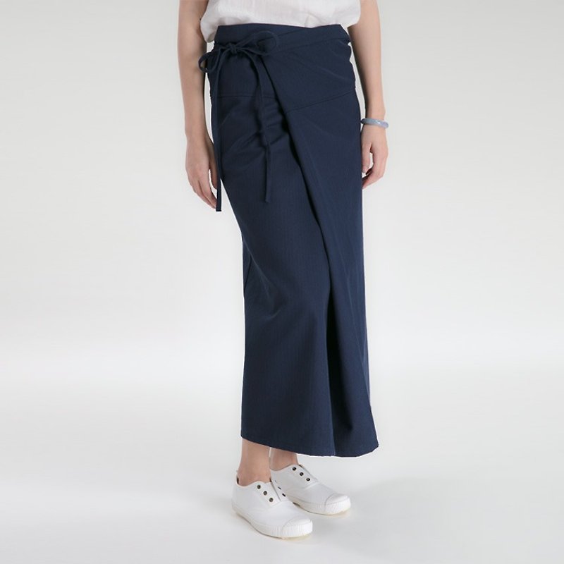 BUFU traditional Chinese long shirt /navy SK170213 - กระโปรง - ผ้าฝ้าย/ผ้าลินิน สีน้ำเงิน