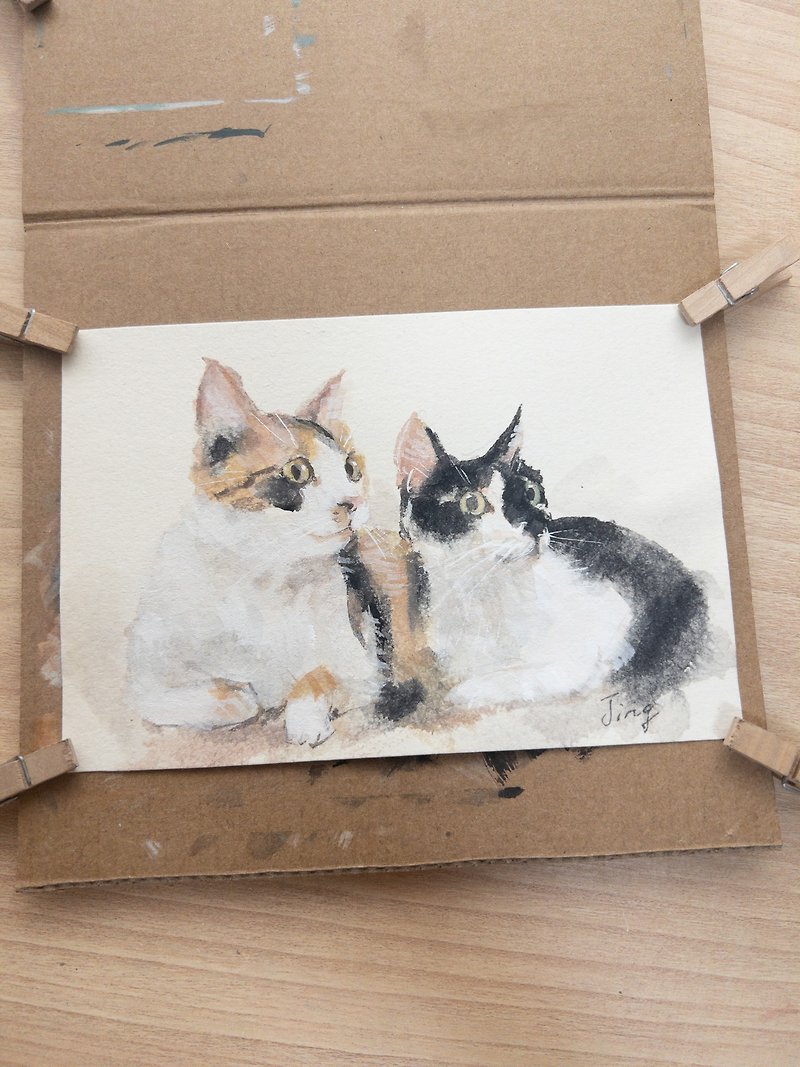 【猫を描く】油絵風ポートレート水彩イラスト（2枚） オーダーポートレート手描き - 似顔絵 - 紙 