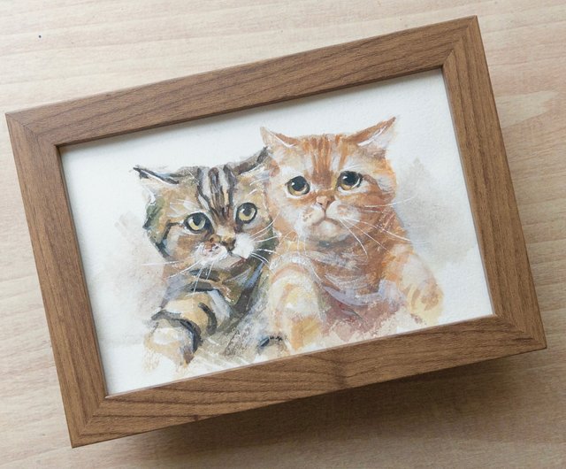 100%手描き 猫の油彩画 虎顔猫 リラックス 木製フレーム付き