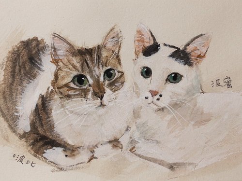 猫を描く】油絵風の似顔絵水彩イラスト（2枚） オーダーメイド