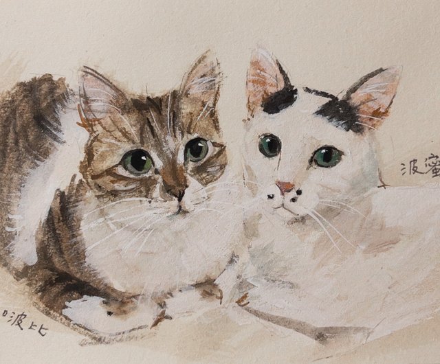 猫を描く】油絵風の似顔絵水彩イラスト（2枚） オーダーメイド