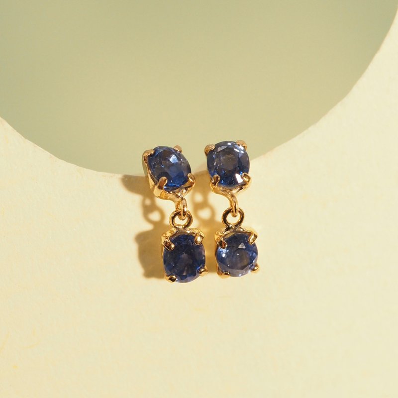 18K金藍寶石橢圓形連接耳環 18K Gold Blue Sapphire Oval Connec - 耳環/耳夾/耳骨夾 - 貴金屬 