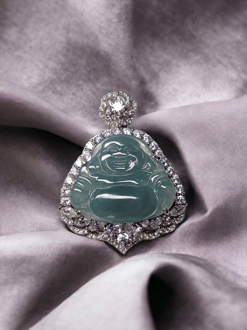 Natural grade A jadeite Maitreya Buddha inlaid with zirconium pendant - อื่นๆ - หยก 