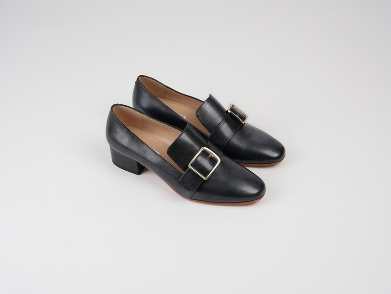 3.4 Buckle Loafer Heels - Black Silver - Women's Oxford Shoes - Genuine Leather Black