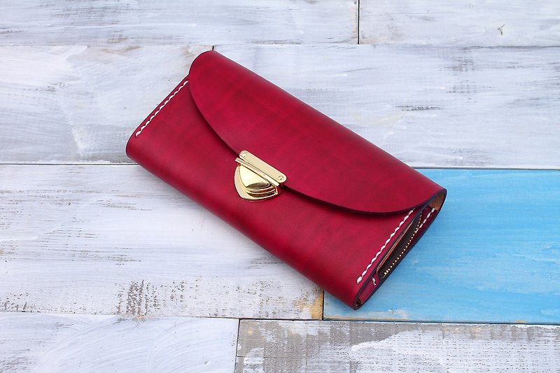 [Tangent Pie] Hand-dyed burgundy leather hand-dyed buckle organ &quot;L&quot; zipper long wallet
