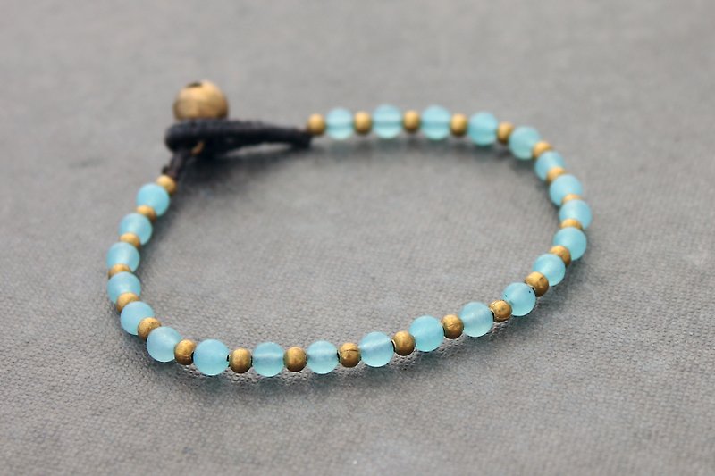 Aqua玉髓串珠手鍊黃銅簡單石頭編織小手鐲 - 手鍊/手環 - 石頭 藍色