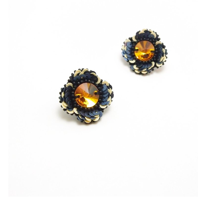 Flower Embroidery Earrings / Orange &amp; Blue