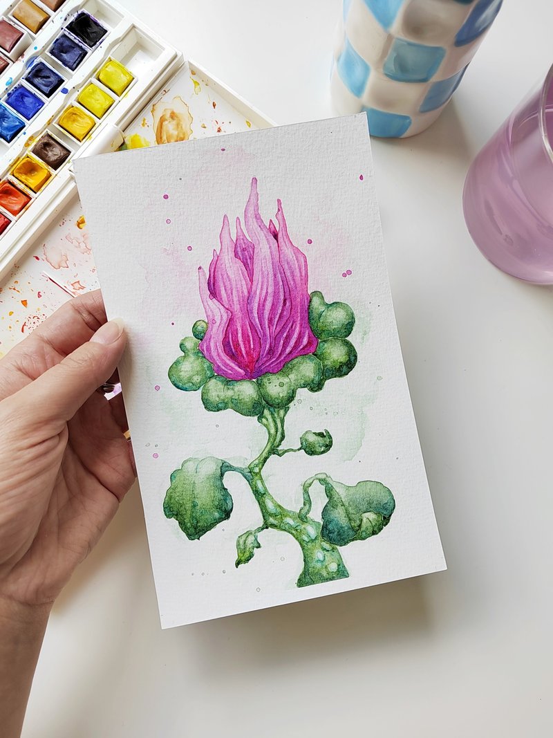 Pink Flower Small Watercolor floral painting - Original Artwork, Wall Art - ตกแต่งผนัง - กระดาษ หลากหลายสี