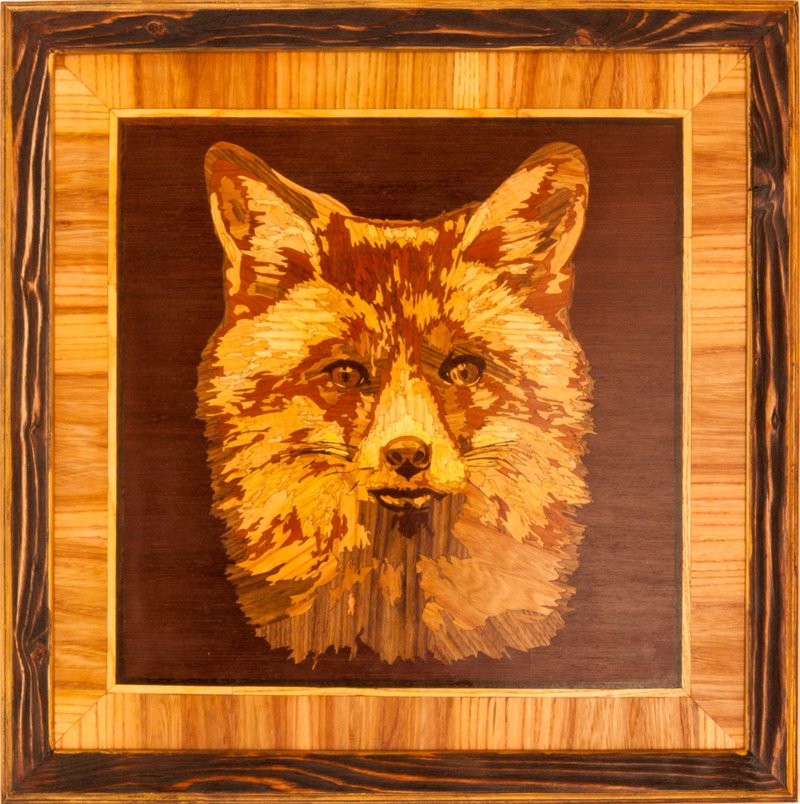 Fox portrait wildlife wood mosaic wild nature eco gift inlay framed panel wall - 壁貼/牆壁裝飾 - 木頭 橘色