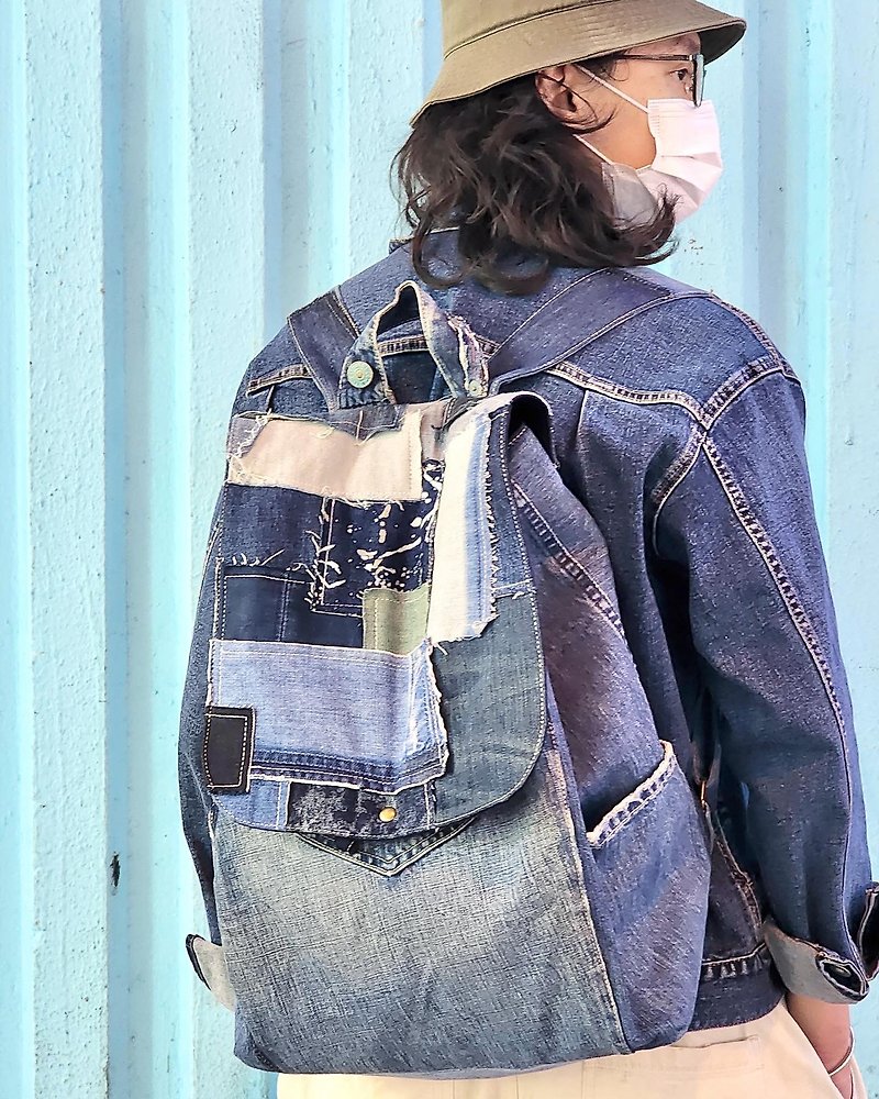 (Customized) Jeans Converted Backpack with Lid (Patchwork Lid) - Backpacks - Other Materials 