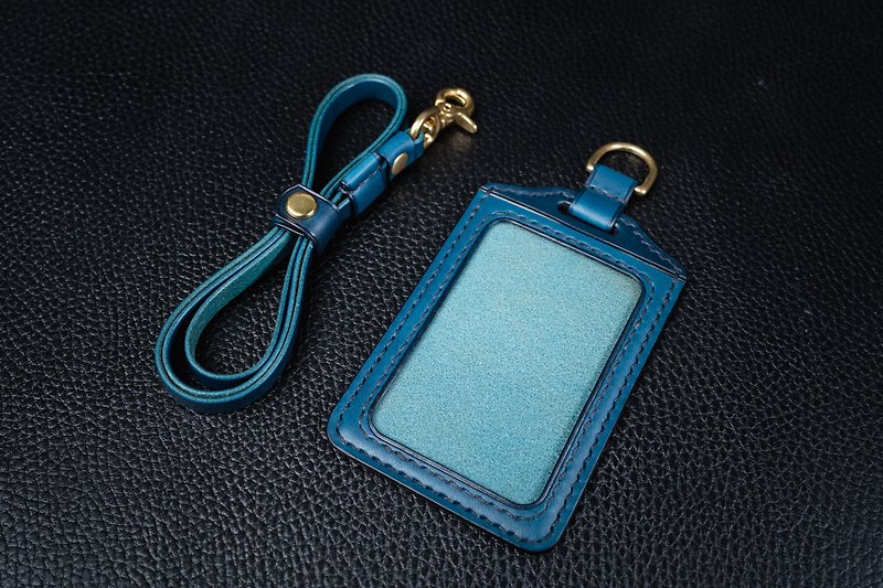 KH blue straight ID card holder, card holder, leisure card, ID card holder, Italian vegetable tanned leather Buttero - ที่ใส่บัตรคล้องคอ - หนังแท้ สีน้ำเงิน
