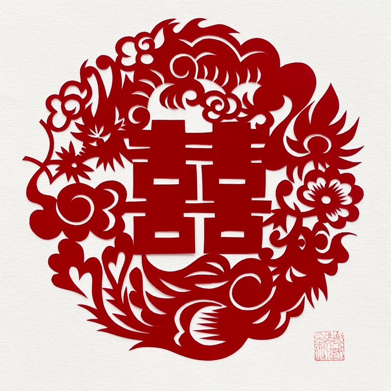 受注製作 切り紙　龍鳳呈祥 - 海報/掛畫/掛布 - 紙 紅色