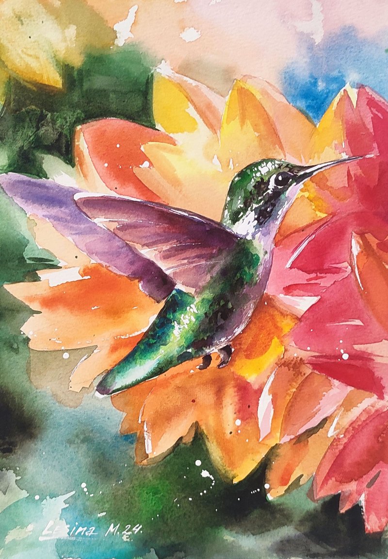 Hummingbird Watercolor Painting Bird Illustration Colorful Original Art Handmade - 壁貼/牆壁裝飾 - 紙 橘色