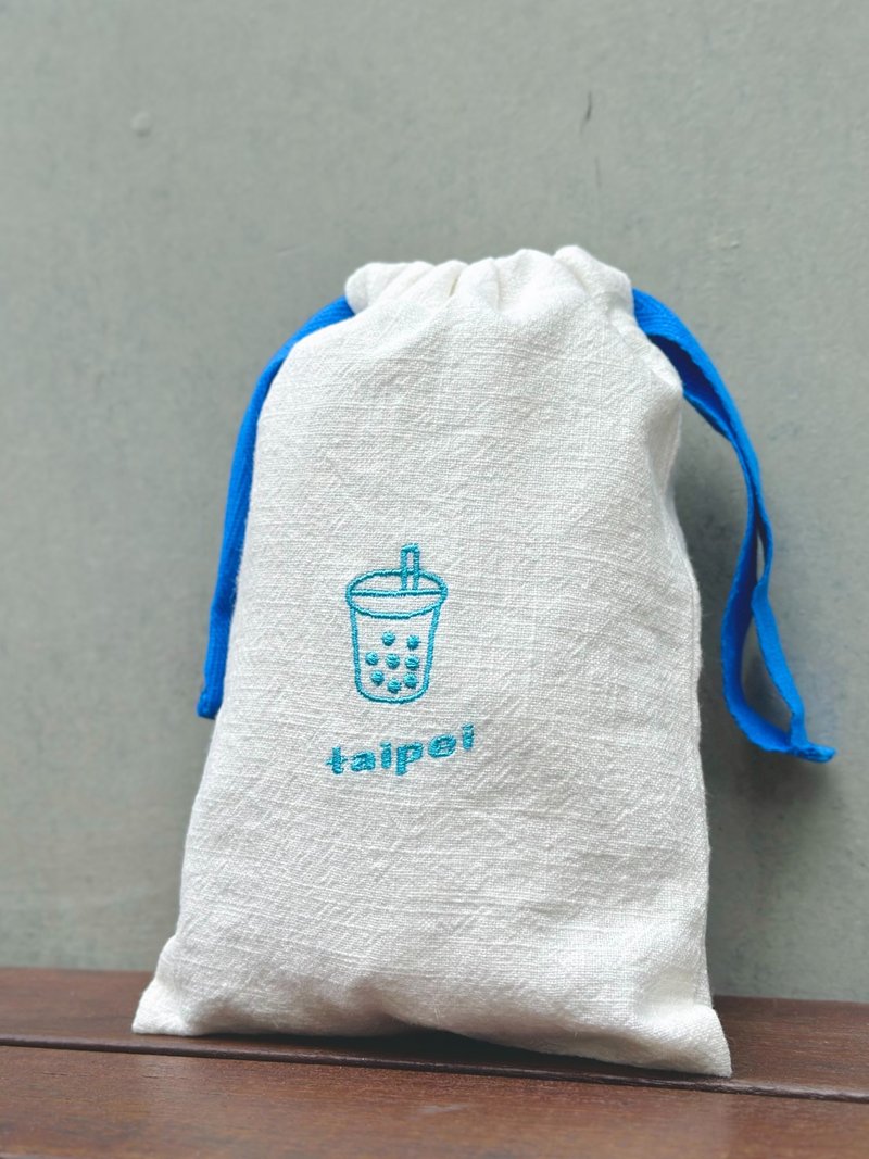 台北純棉束口袋 ft.珍珠奶茶  Bao maison - 束口袋/束口背包/水桶包 - 棉．麻 藍色