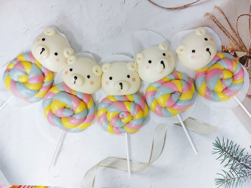 CHEERFUL bear lollipop birthday sharing steamed bun style steamed bun wedding party 6 pieces - ขนมปัง - อาหารสด 