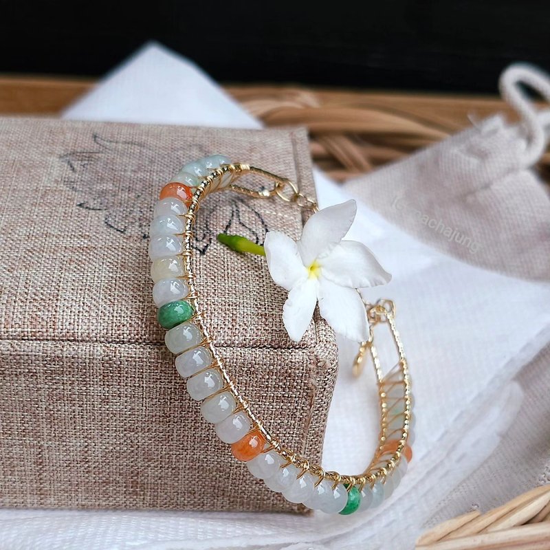 Burmese Jade Bangle White Jade Step with Green Apple and Red Real Silver Body - 手鍊/手環 - 玉石 多色