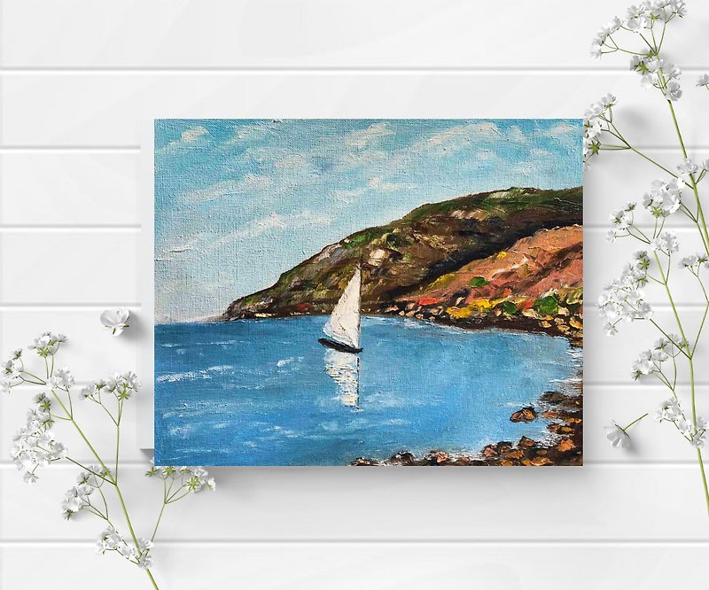 Landscape with sea White Sailboat Art Painting Original Painting on Canvas - ภาพวาดบุคคล - วัสดุอื่นๆ หลากหลายสี