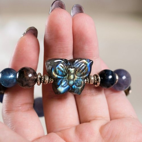 Hanhan Jewelry 彩虹光蝴蝶 拉長石 彼得石 海藍寶 手鍊 天然礦石水晶 一圖一物