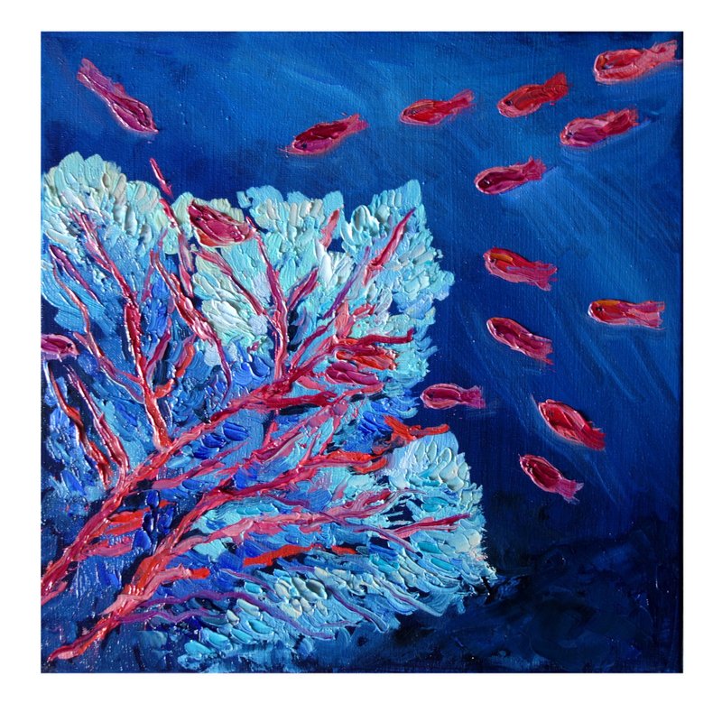 Sea Fish Painting Oil Seascape Original Art Coral Reef Artwork Canvas Art - 海報/掛畫/掛布 - 顏料 多色