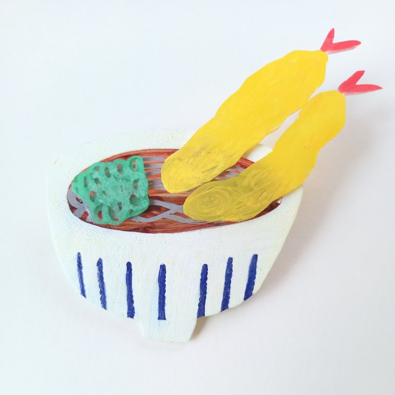 Tempura soba brooch One-of-a-kind hand-painted - Brooches - Plastic Yellow