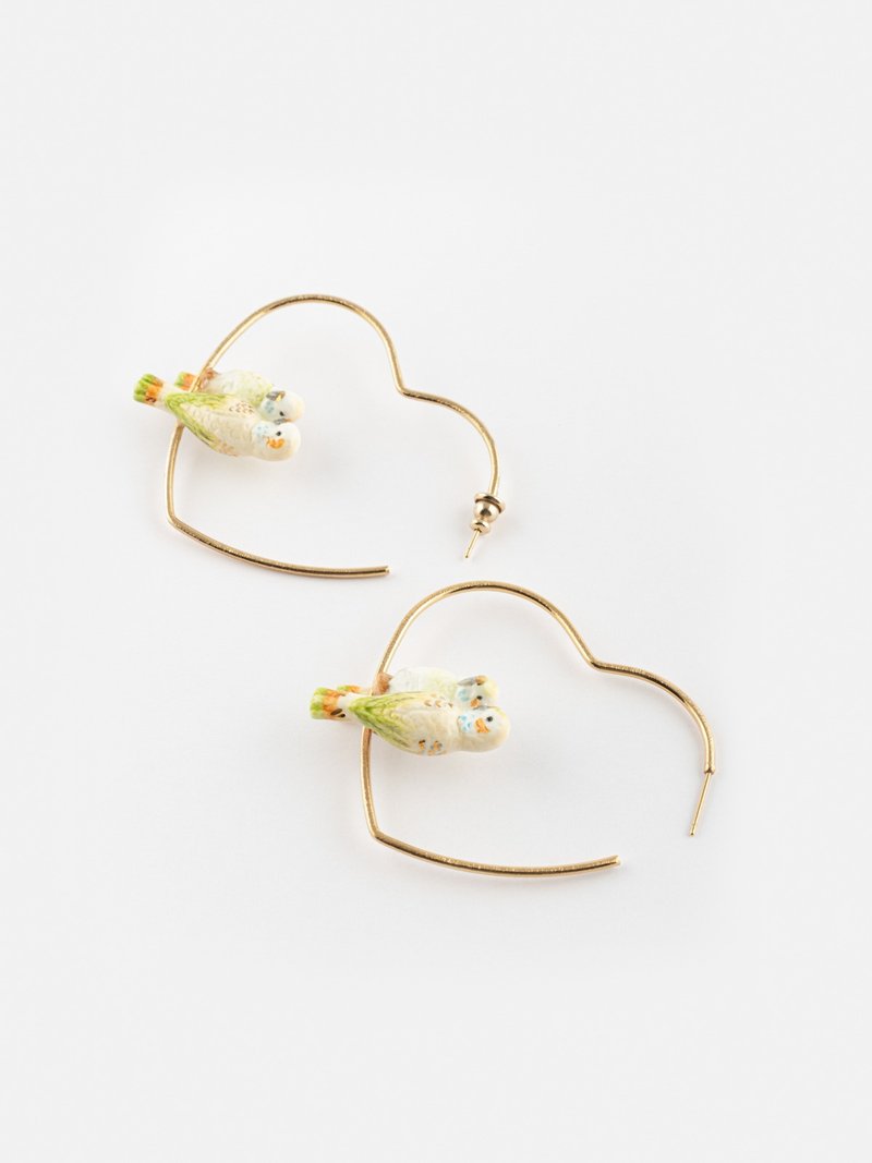 Budgerigars couple heart hoops - Earrings & Clip-ons - Pottery Yellow