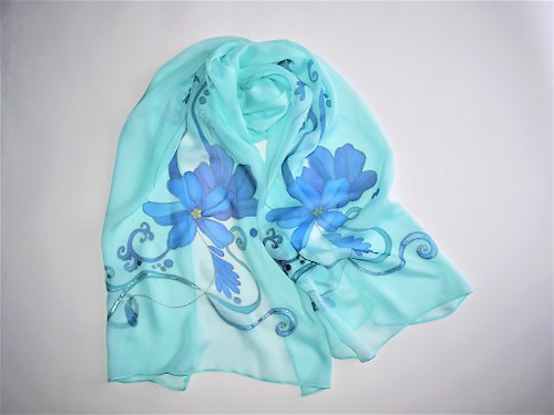 Enya 絲巾 Hand painted silk scarf Floral long silk scarf light blue Silk chiffon scarf