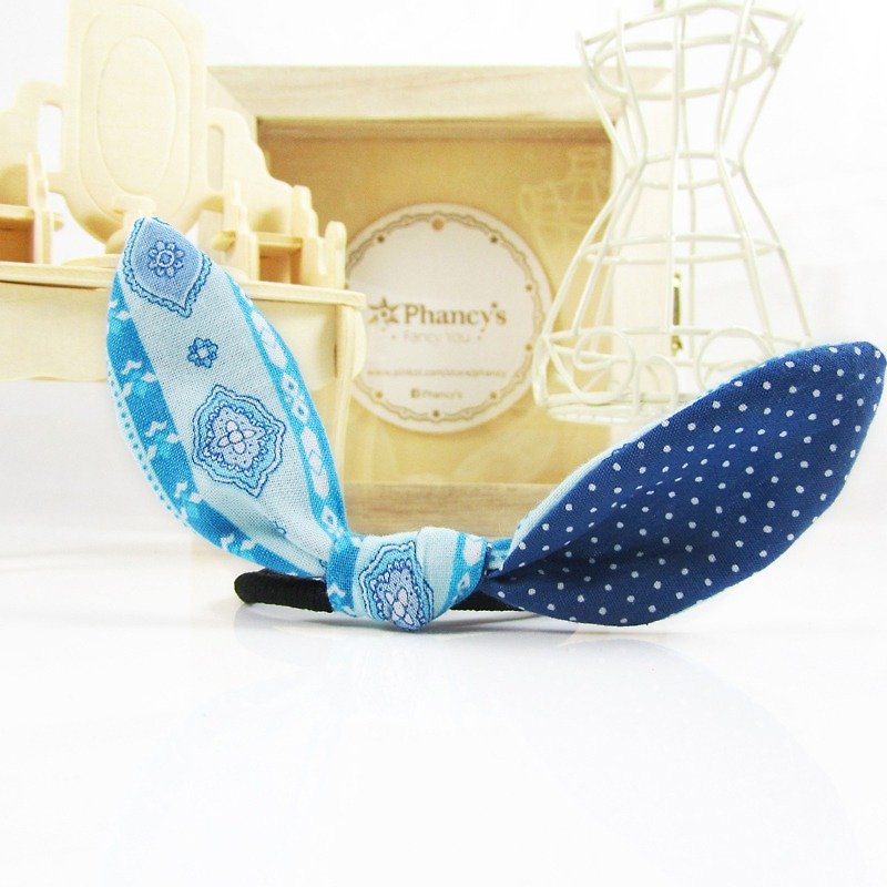 Hand made Bunny ears bow hair tie- The window in my memory - Hair Accessories - Cotton & Hemp Blue