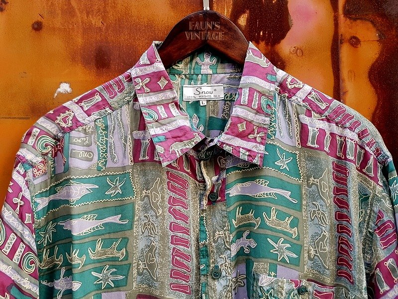 タートルGege  - 日本とエジプトのトーテムシルクヴィンテージシャツ - シャツ メンズ - シルク・絹 