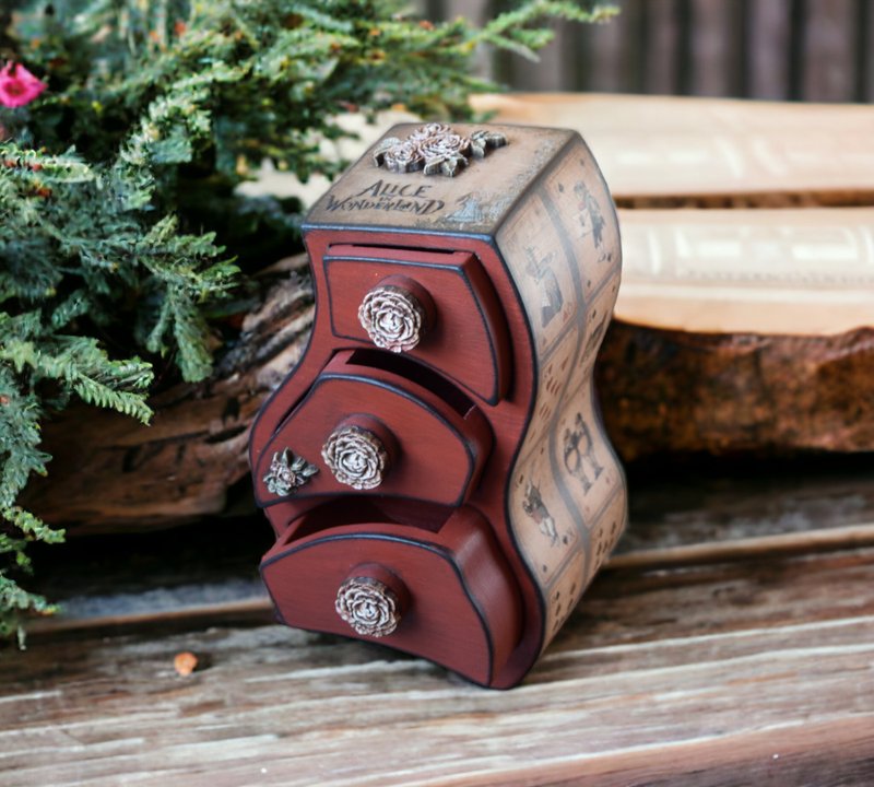 Alice in Wonderland jewelry box Whimsical mini furniture Wooden Cabinet - 居家收納/收納盒/儲物盒 - 木頭 多色