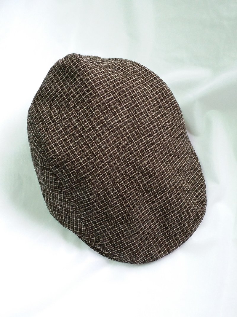 黑褐先染細織格紋狩獵帽(Flat Cap) - 帽子 - 棉．麻 咖啡色