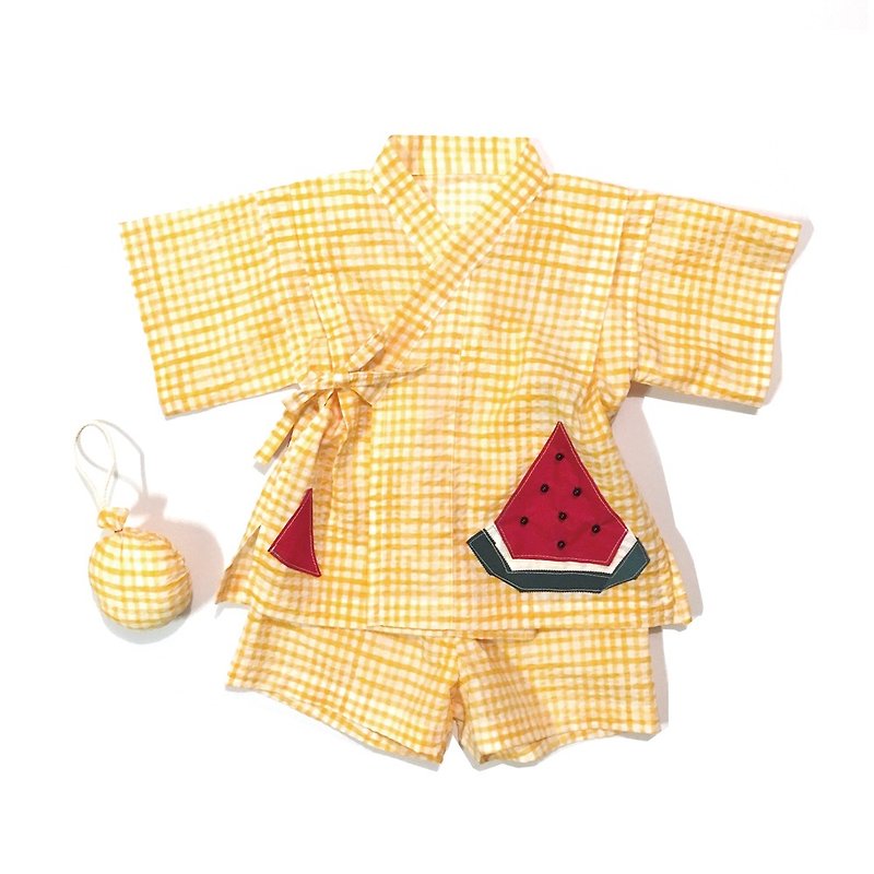 赤ちゃんじんべい　黄チェック × スイカ - 彌月禮盒 - 棉．麻 黃色