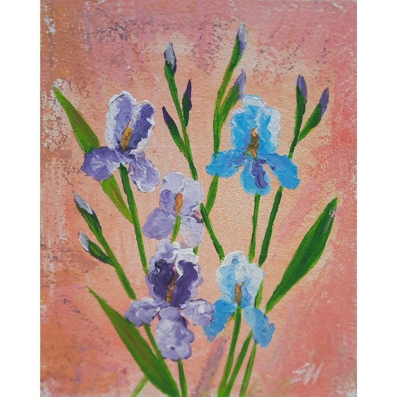 Irises bouquet original painting Blue irises art Abstract flowers artwork - โปสเตอร์ - ไม้ หลากหลายสี