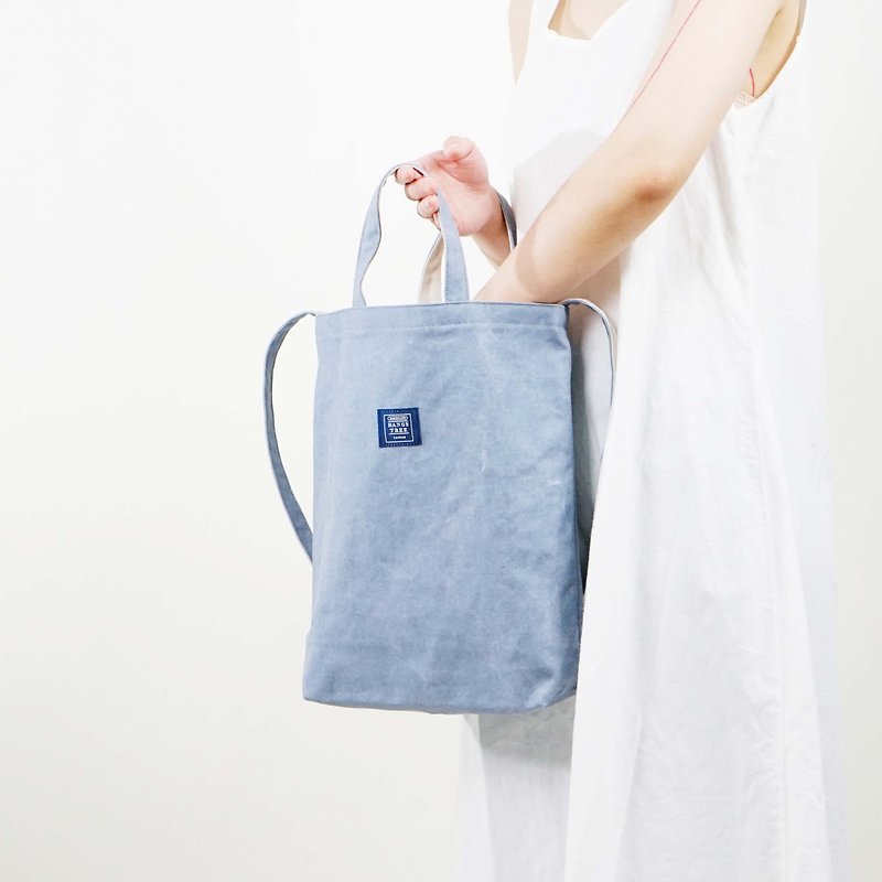 Two-color canvas three-use bag _ washed gray blue + rice ash - กระเป๋าแมสเซนเจอร์ - ผ้าฝ้าย/ผ้าลินิน สีน้ำเงิน