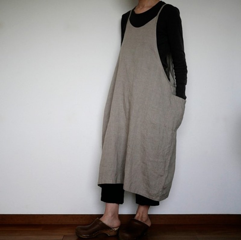 Pinkoi Proxy Purchase -  Made-to-order Linen side gather apron dress in natural color - One Piece Dresses - Cotton & Hemp 