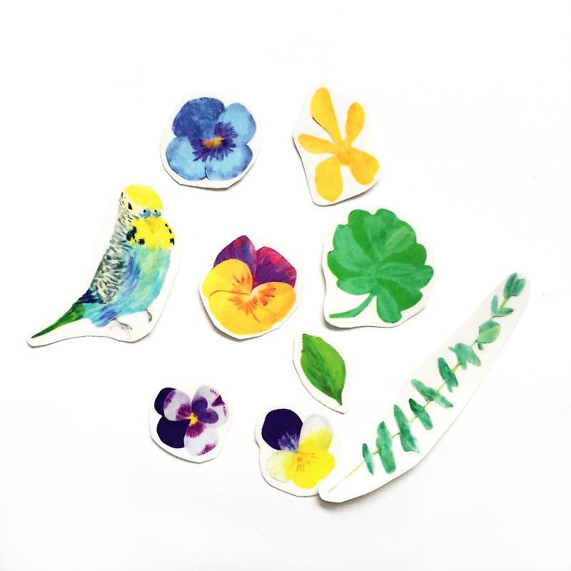 Small parrot with pansy - hand cut transparent sticker pack a pack of 9 - สติกเกอร์ - พลาสติก สีน้ำเงิน