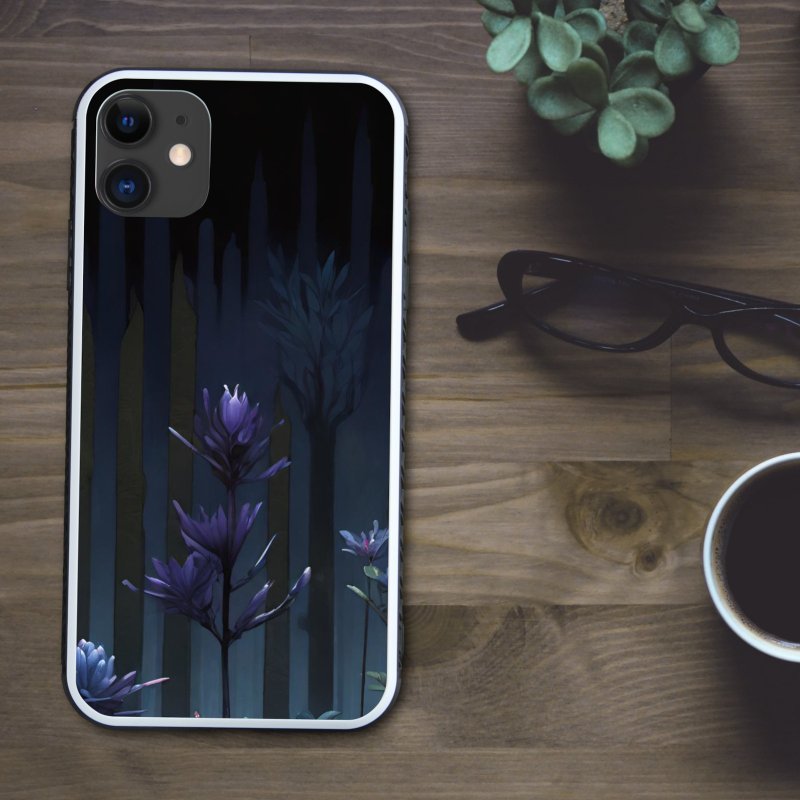 藍色の透明感ある幻想的で美しい神秘を感じさせる植物のボーダー柄 スマホケース【強化ガラス仕上げ】iPhone16 対応 - 手機殼/手機套 - 塑膠 多色