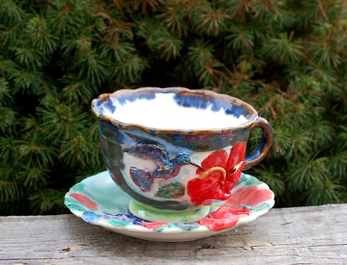 PorcelainShoppe Red flower and hummingbird Porcelain tea cup saucer set Red hibiscus and bird